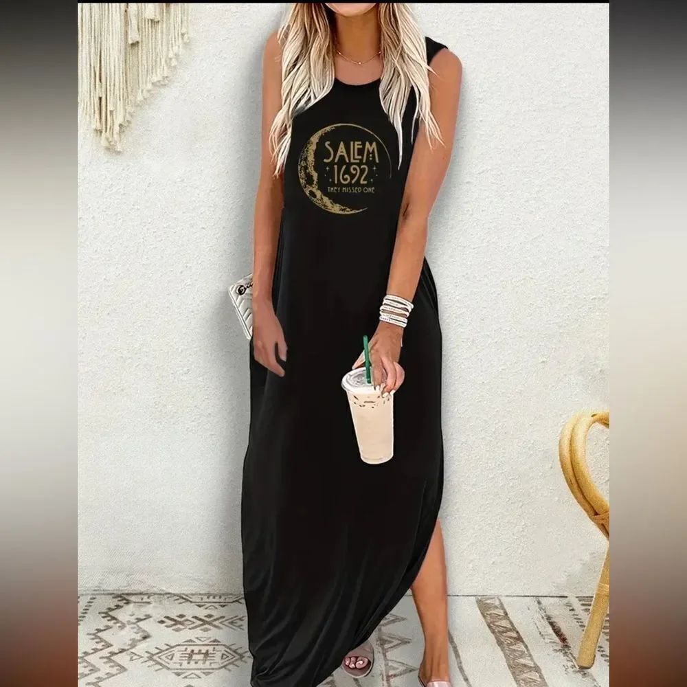 Maxi Dress Salem 1692 Black Maxi Dress with Gold Graphic